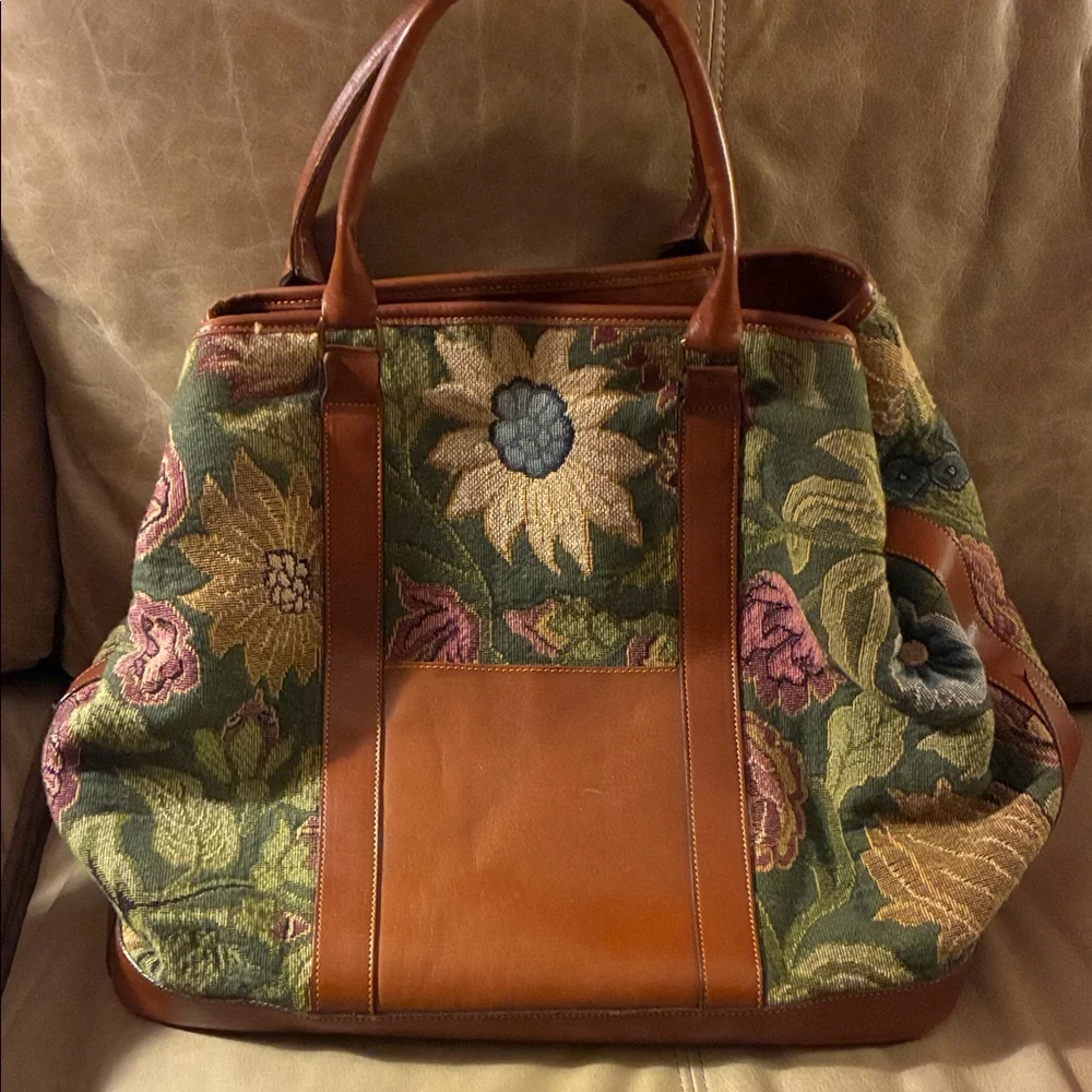 Vintage Floral Tapestry Tote with Leather Trim - Picture 1 of 6